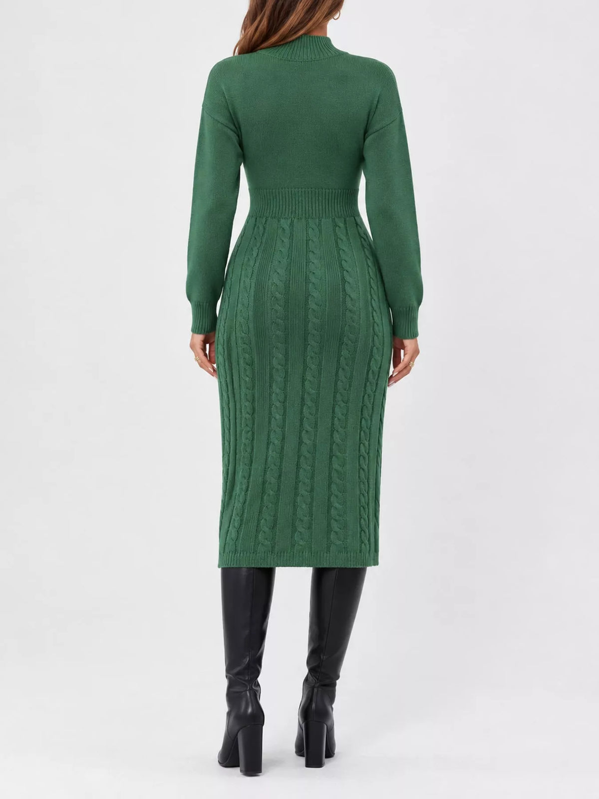 Women's Mock Neck Cable Knit Sweater Dress with Front Slit in green — back view