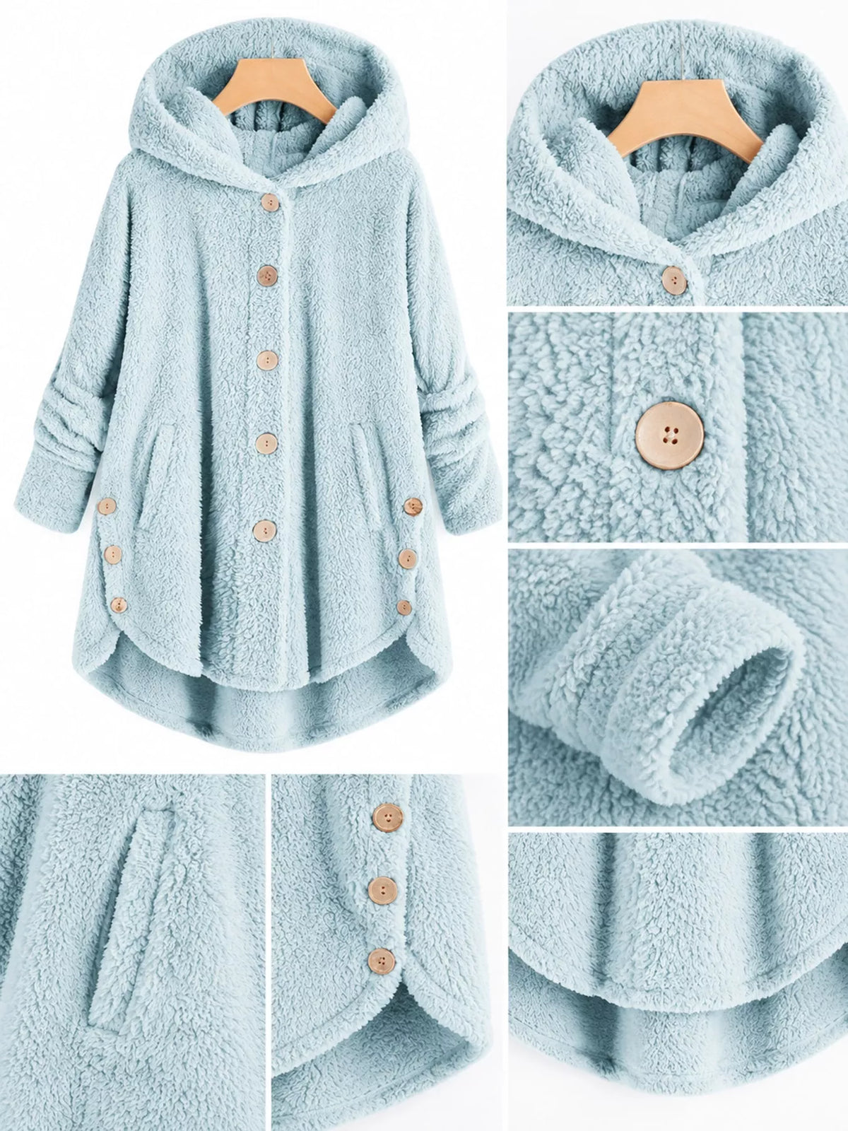 Light blue fleece button-up hooded jacket with curved high-low hem, construction detail collage