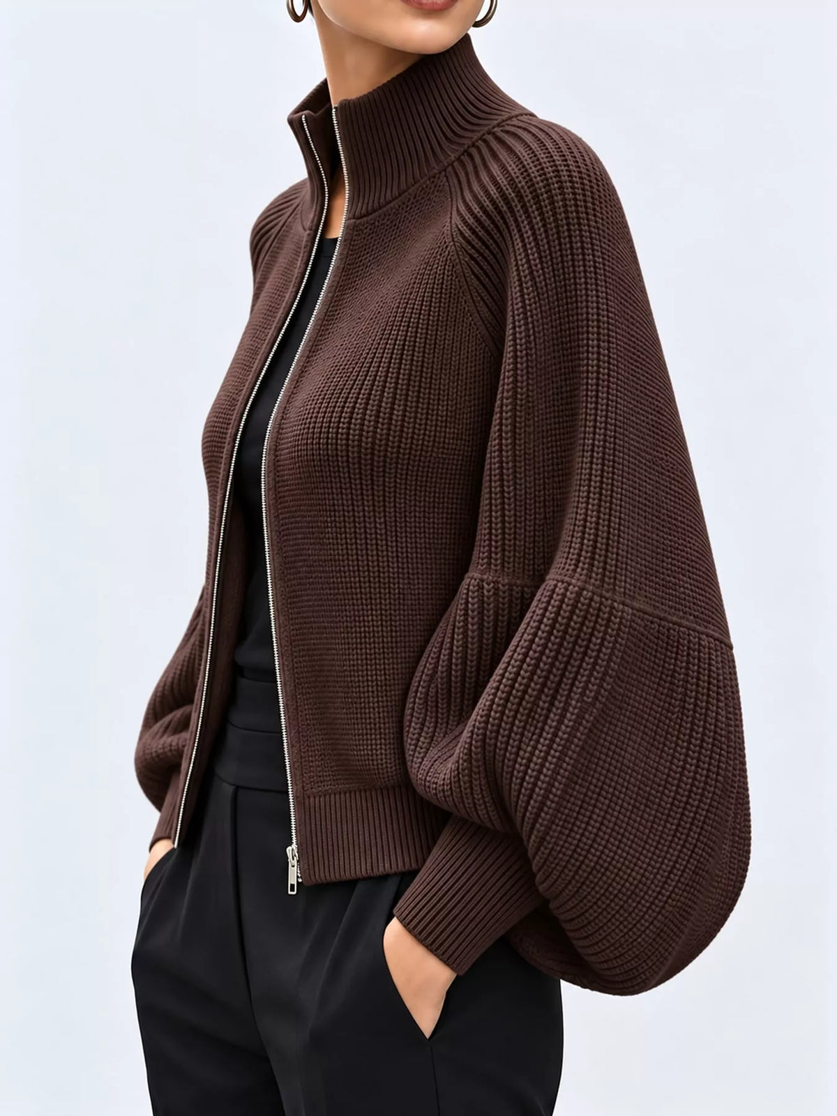 Coffee ribbed knit zip-up lantern sleeve cardigan
