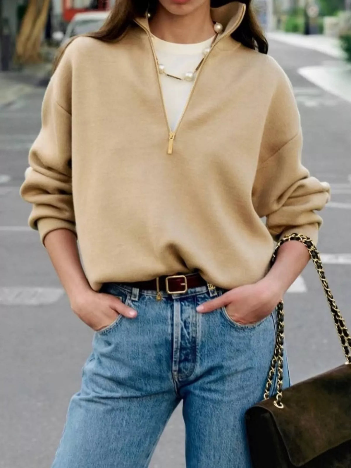 Women's Half-Zip Dropped Shoulder Sweater in beige — front view