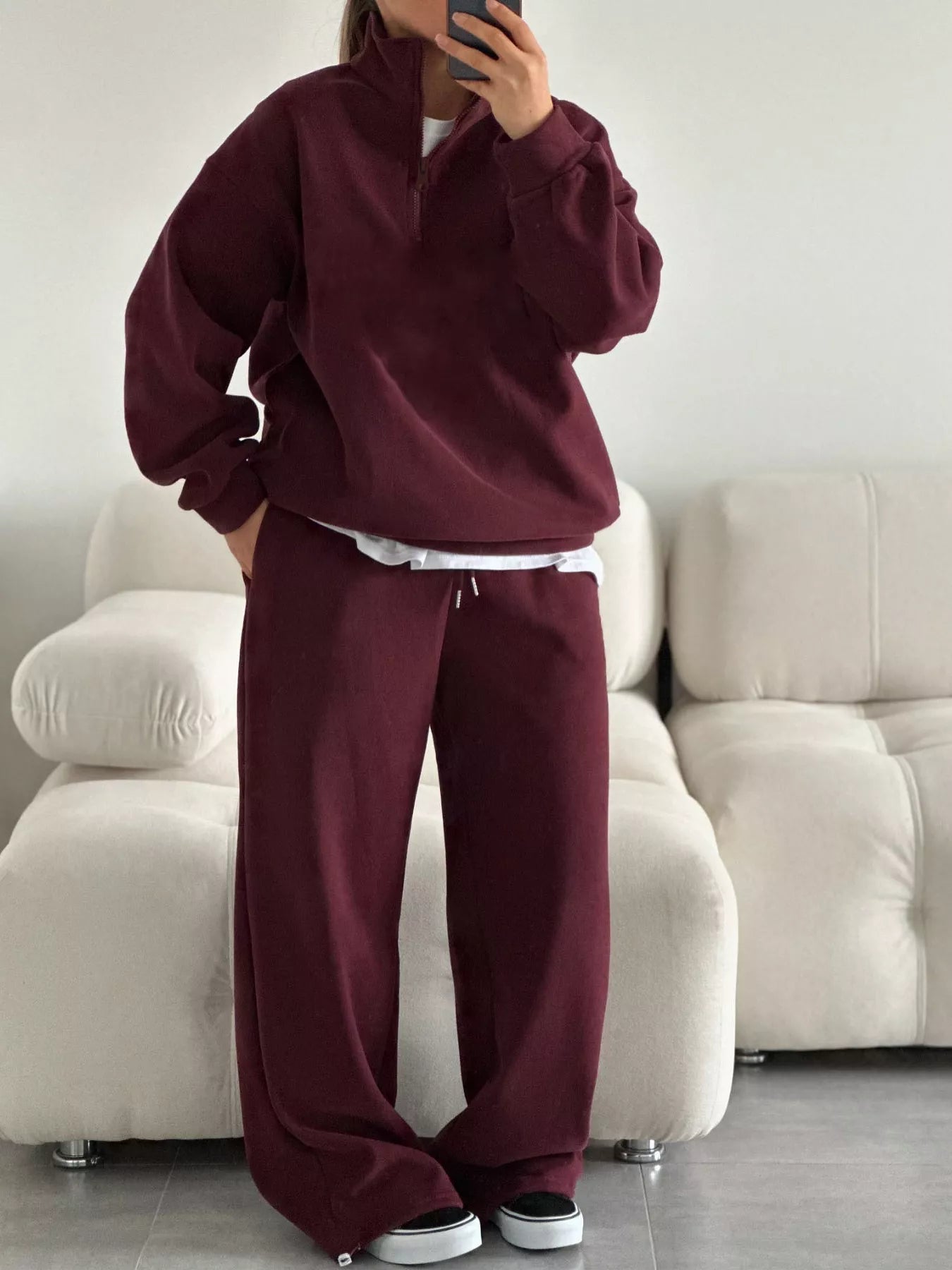 Trendsi Quarter-Zip Top and Wide-Leg Sweatpants Set -