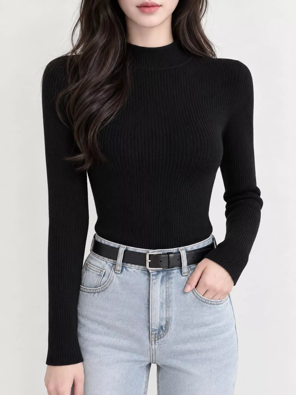 Black ribbed mock neck long sleeve knit top
