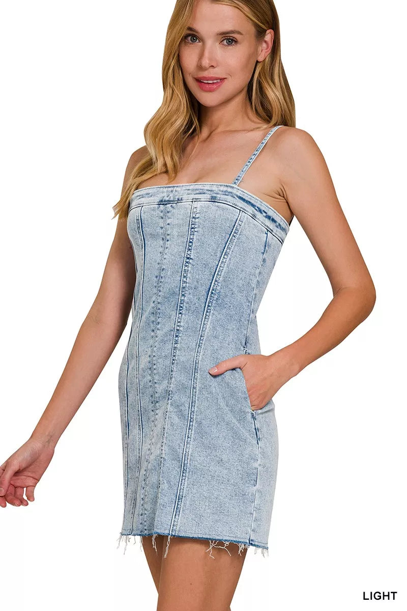 Women's Light-Wash Denim Spaghetti-Strap Dress With Exposed Seams — product view 4