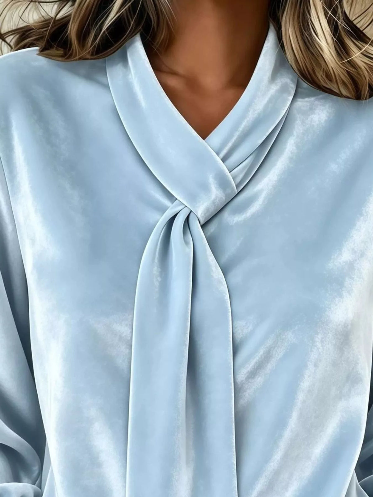 Blue velvet tie-neck blouse, tie neckline and gathered blouse front