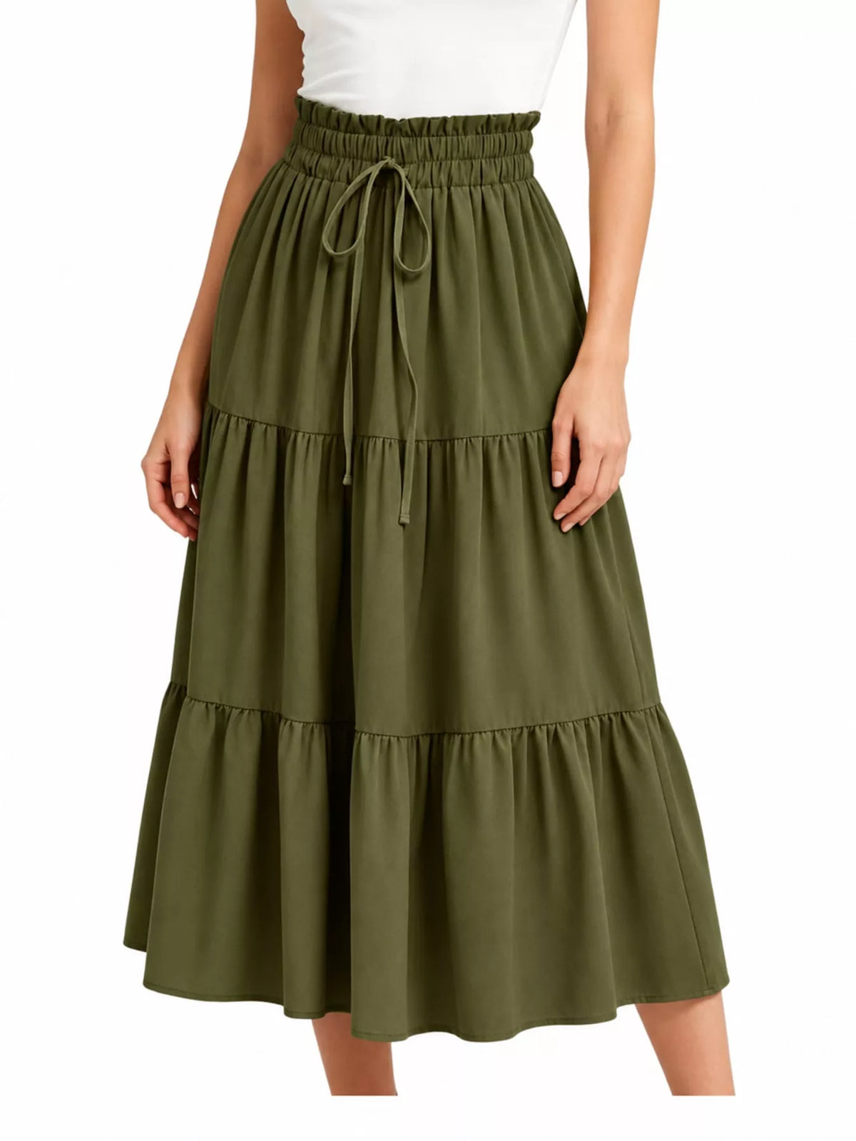 Olive drawstring tiered skirt — front view