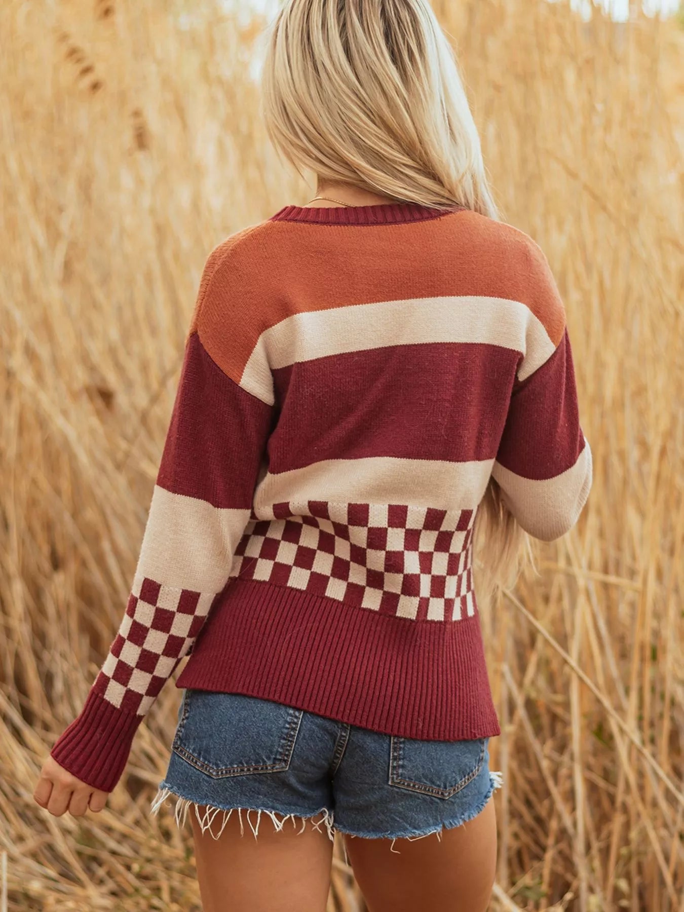Trendsi Checkered Color Block Knitted Drop Shoulder Sweater -