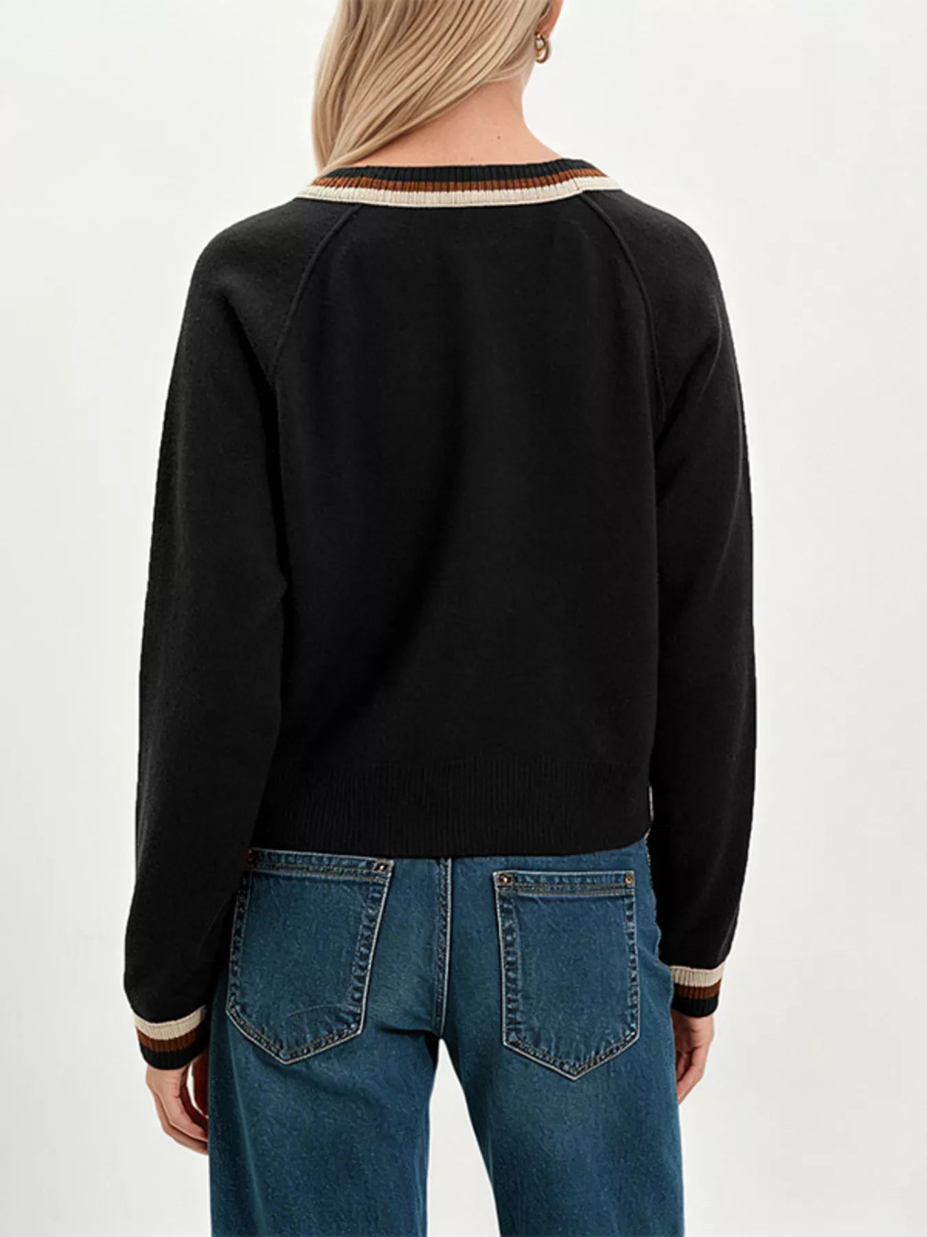 Trendsi Striped Trim Button-Down Cardigan -