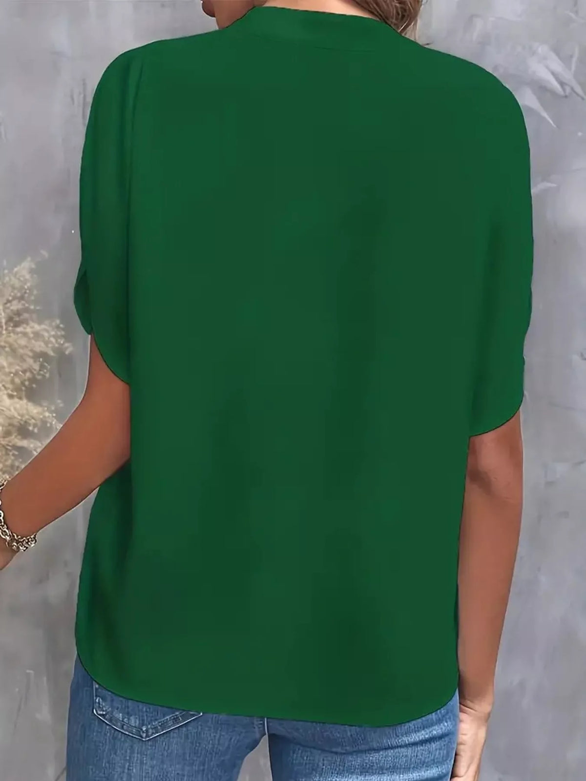 Women's Notched Slit Short Sleeve Blouse in green — back view