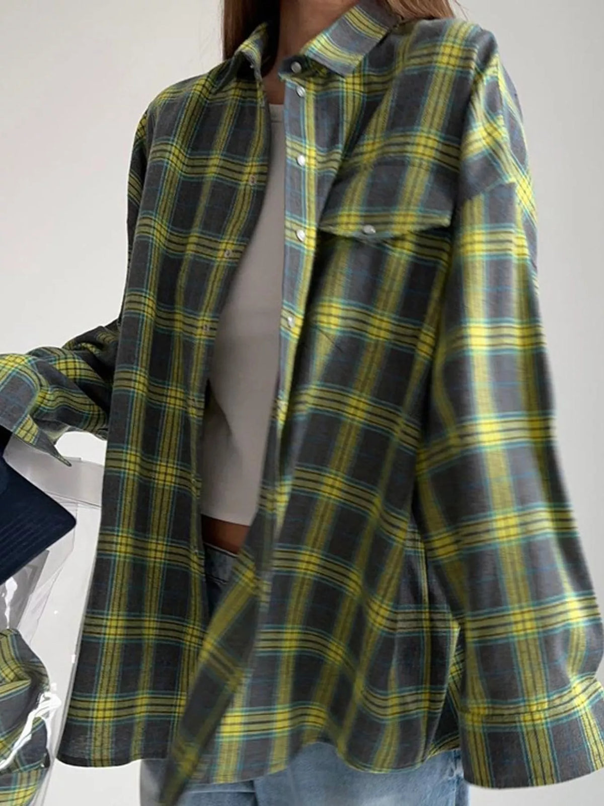 Green and yellow plaid button-down shirt