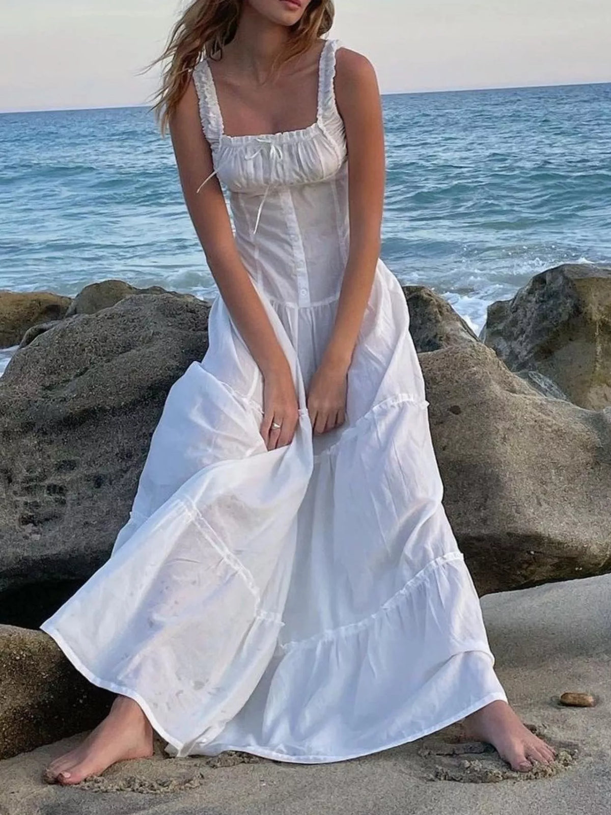 Women's Ruffled Square Neck Tiered Maxi Dress in white — front view