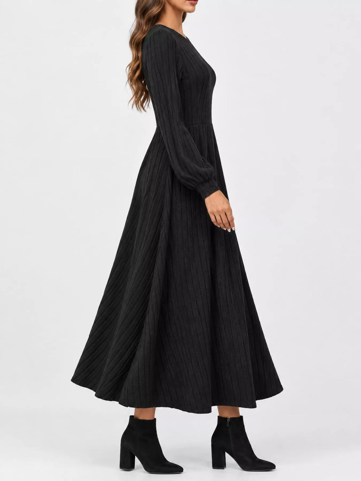 Women's Ribbed Knit Long Sleeve A-Line Midi Dress in black — side view