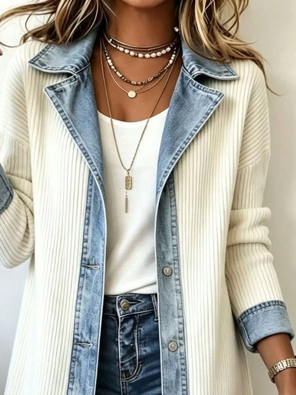 White Genuine Denim denim-trimmed ribbed knit longline cardigan
