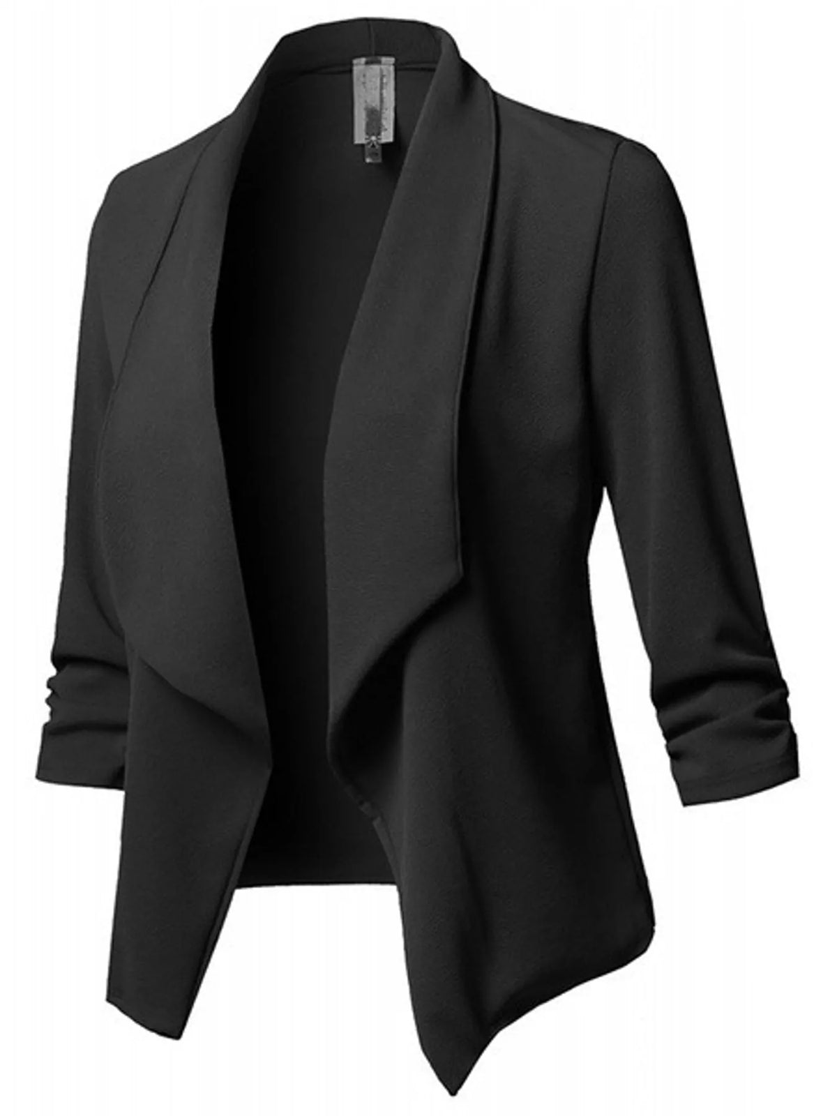 Black open-front blazer with ruched 3/4 sleeves