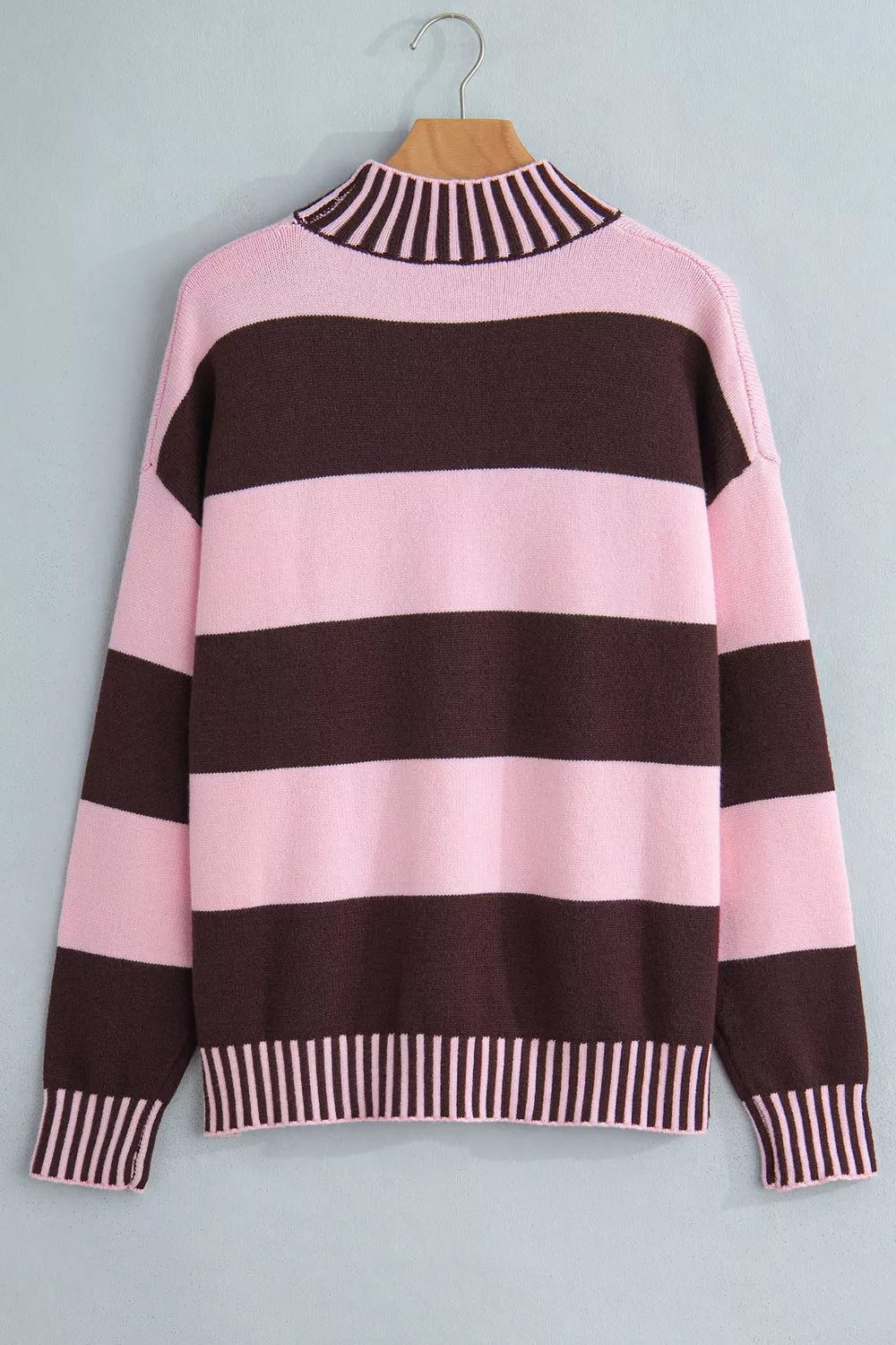 Trendsi Stripe Contrast High Neck Dropped Shoulder Relaxed Sweater -