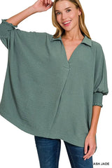 Trendsi Zenana Airflow Collar Tee with Smocked Sleeve Band Top - Pants