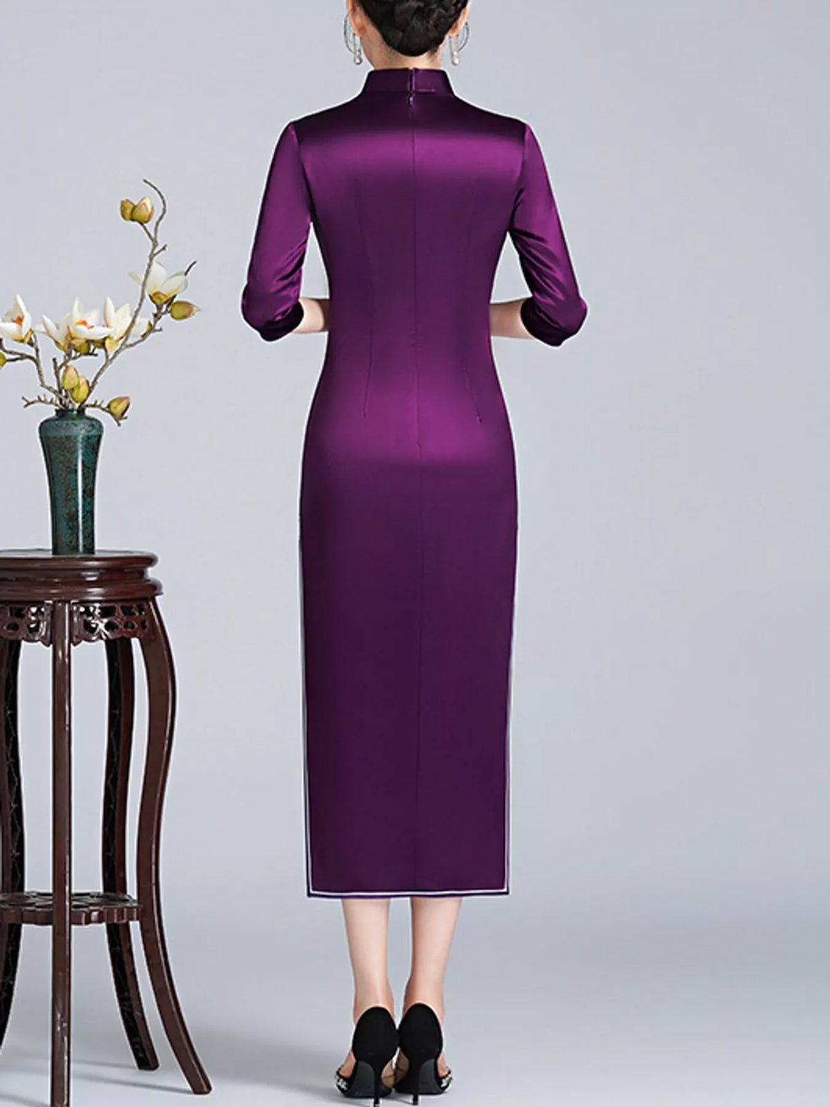 Violet Blue floral embroidered cheongsam dress, back view