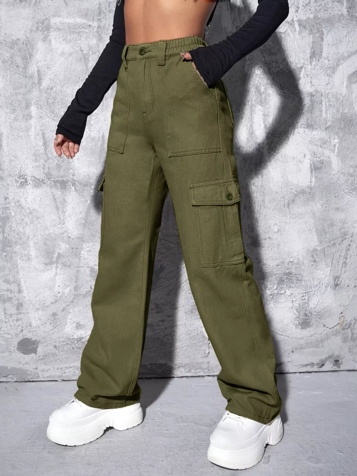 Olive green wide-leg cargo jeans, front view with legs apart