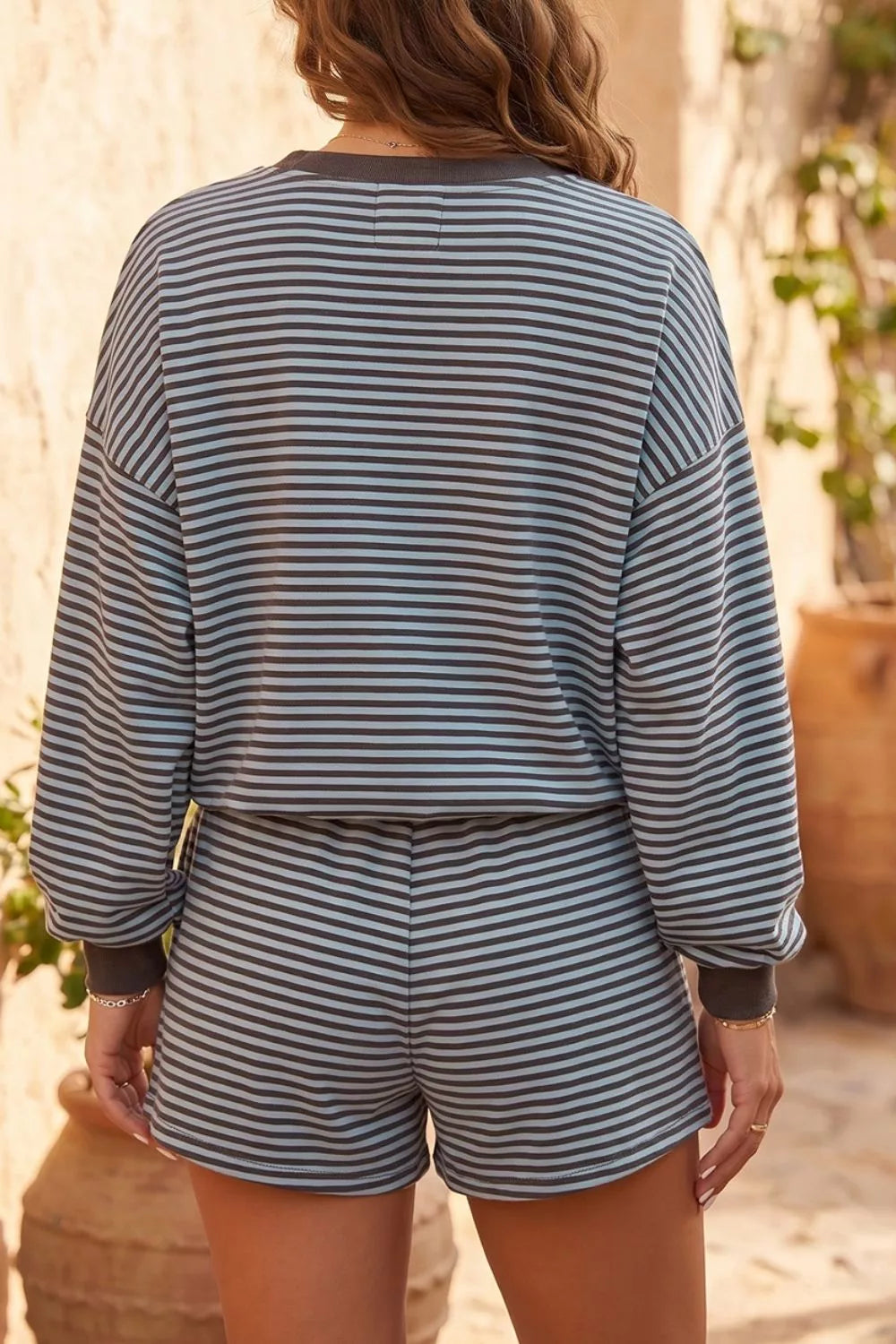 Trendsi Stripe Oversized Long Sleeve Top Drawstring Loose Shorts 2pcs Set -