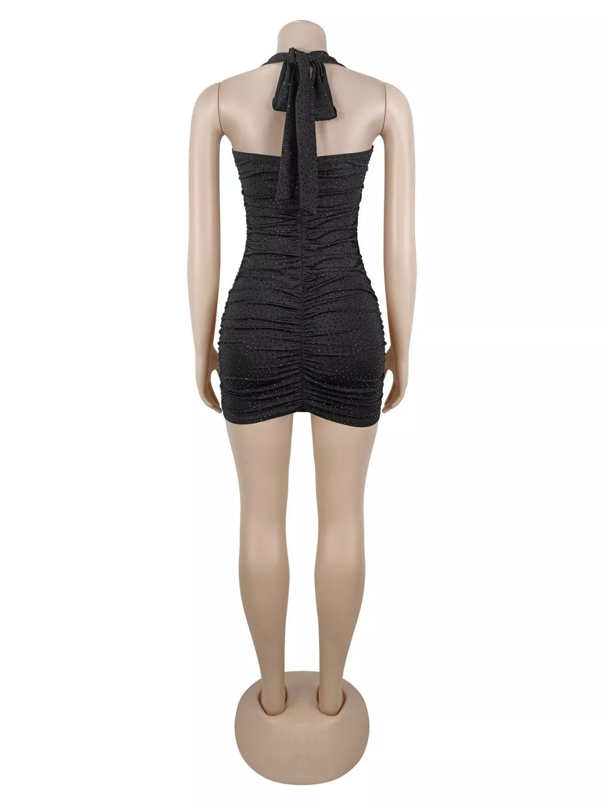 Trendsi Rhinestone Ruched Halter Neck Bodycon Mini Dress -