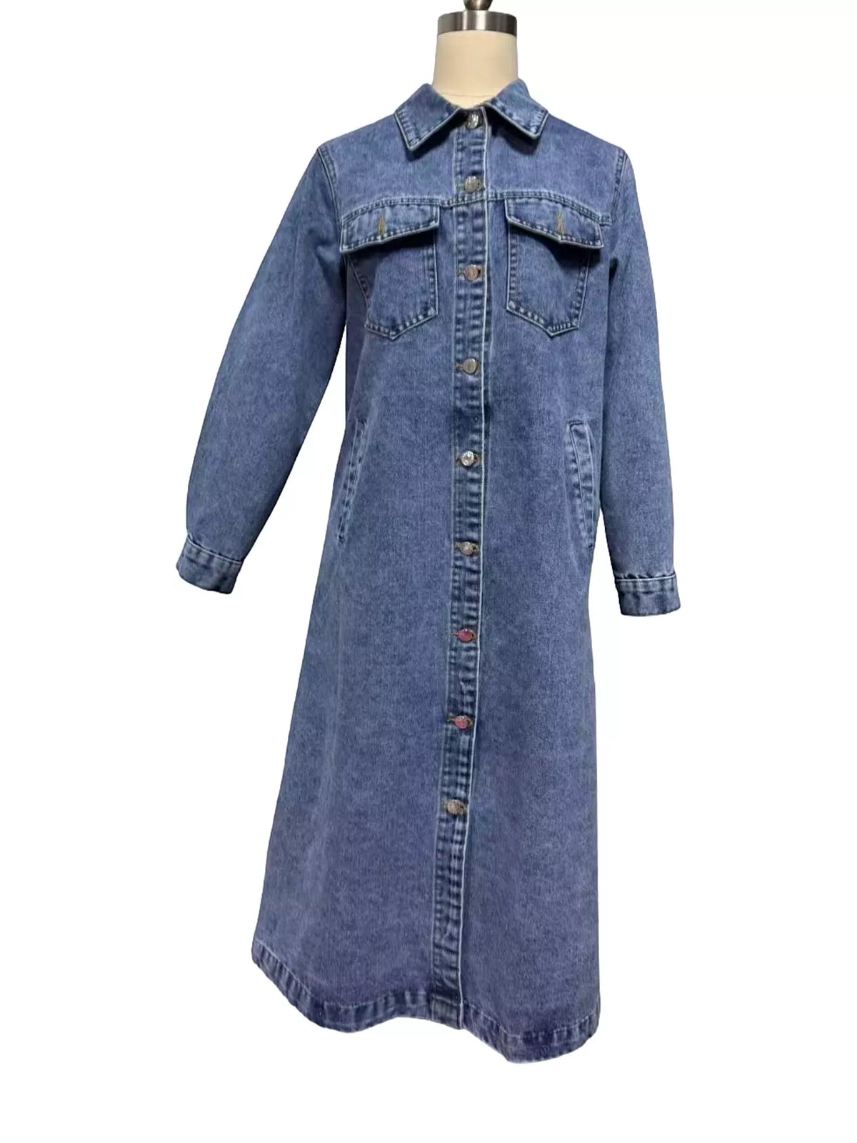 Long-Sleeve Button-Down Denim Dress in blue