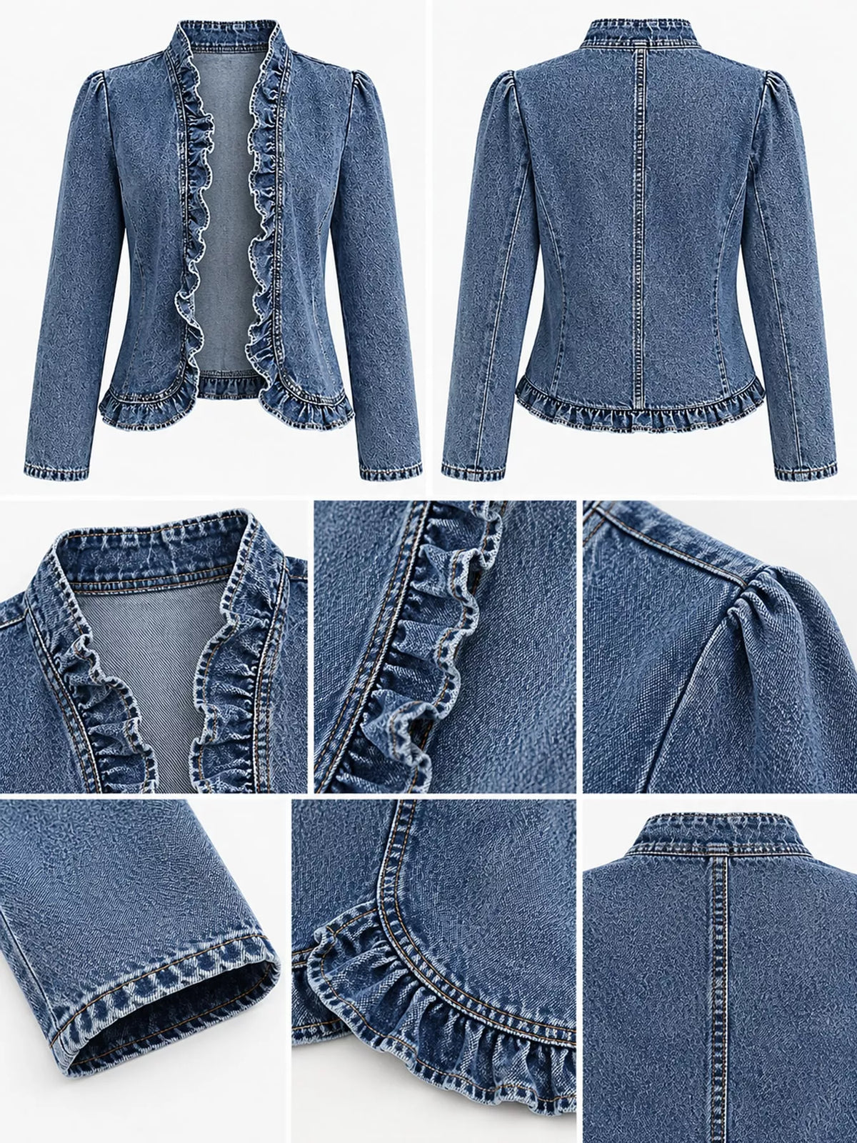Blue-Denim Jacket ruffle-trim open-front washed denim jacket, detail view