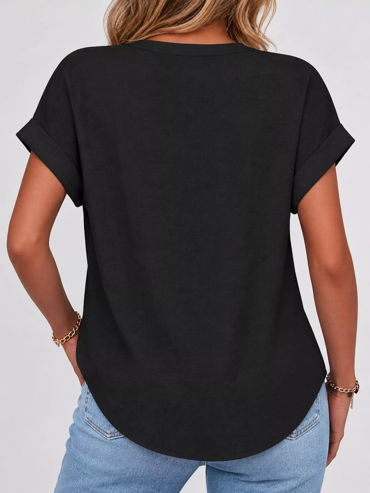Black button detail short sleeve blouse, back view