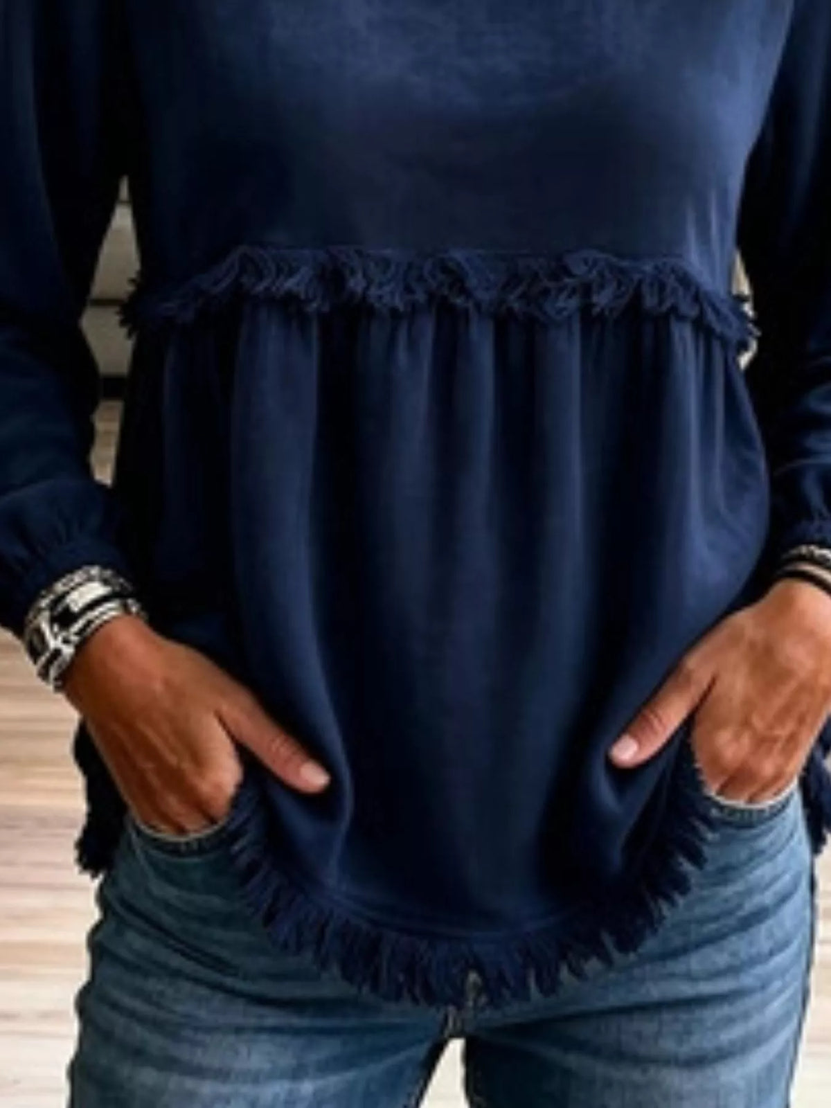 Trendsi Fringed Hem Long Sleeve T-Shirt -