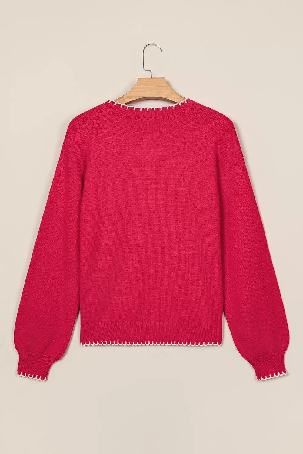 Christmas Tree Contrast Stitch Sweater in scarlet, back view