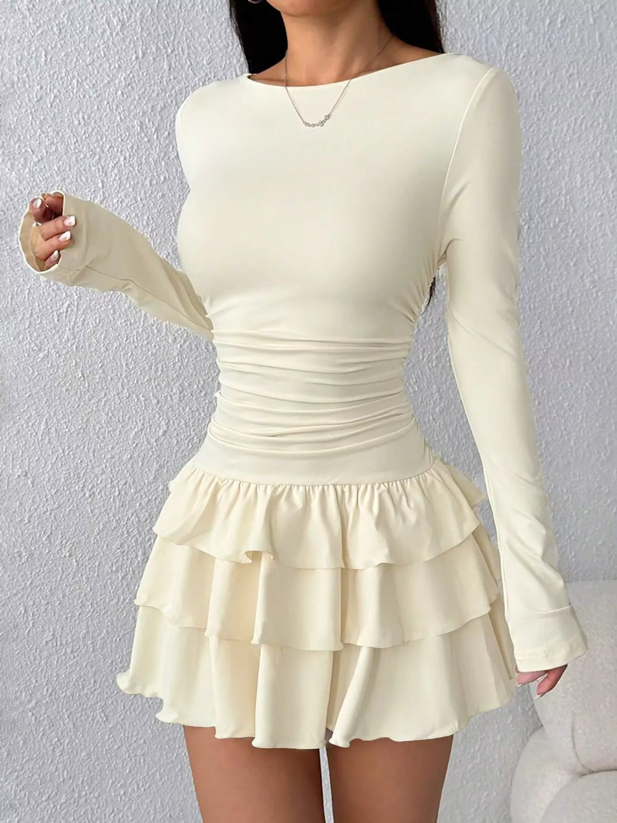 Cream layered ruffle mini dress