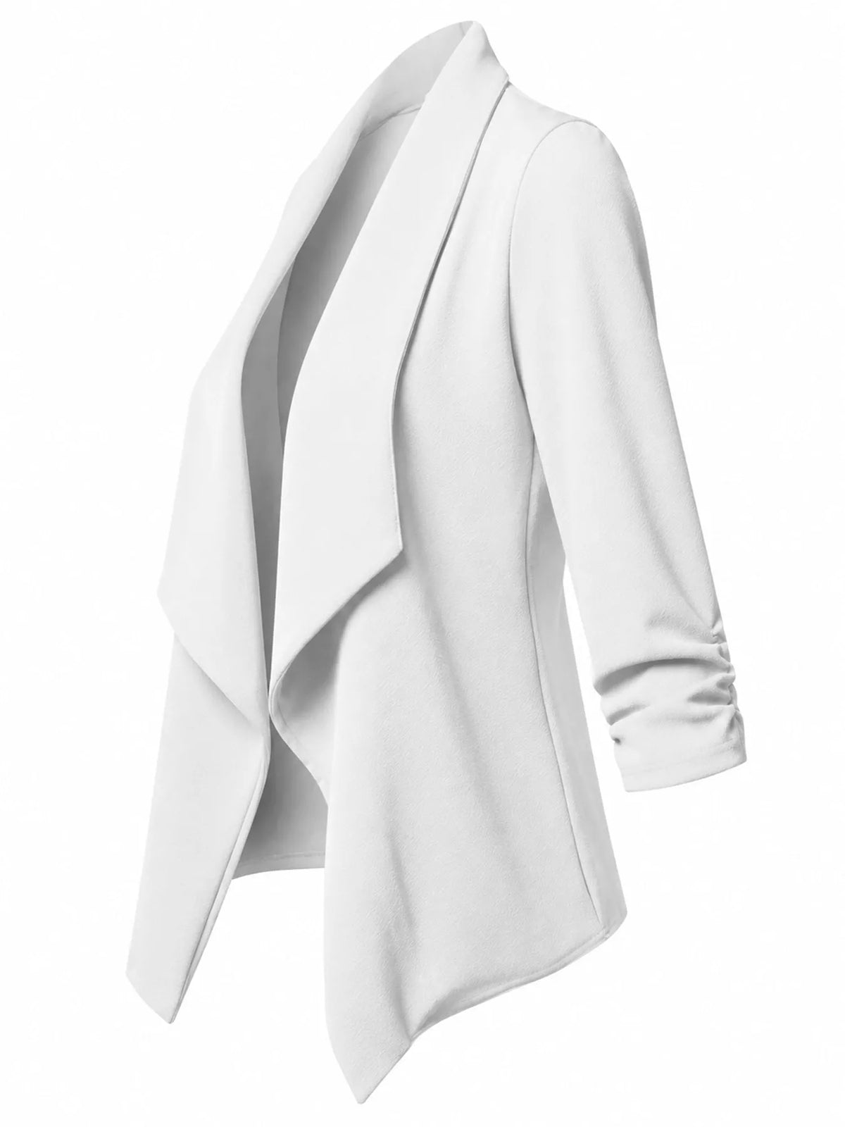 White open-front blazer with ruched 3/4 sleeves, side view