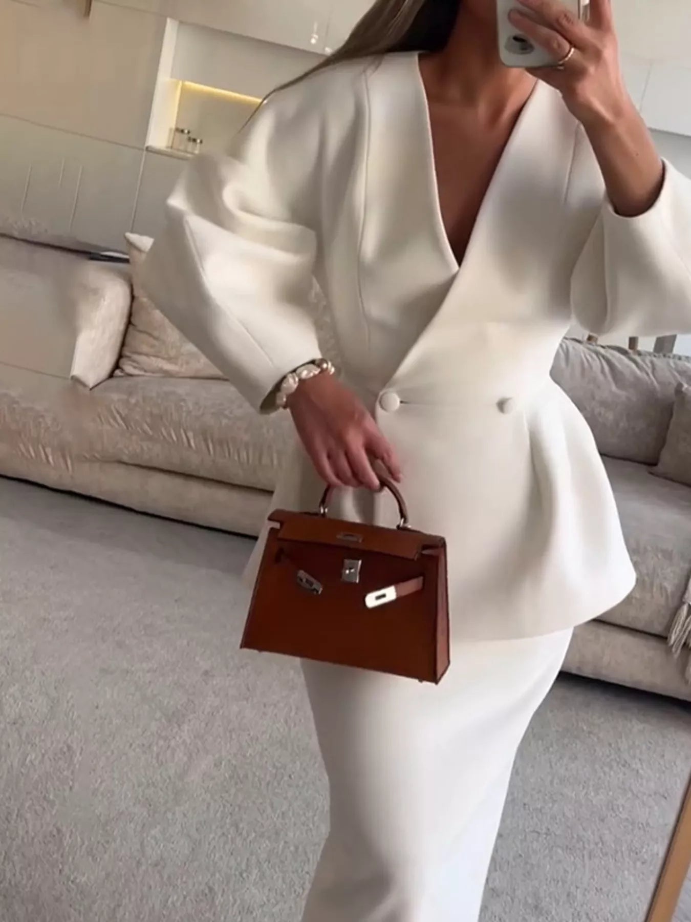 Trendsi Double-Breasted Peplum Blazer and Skirt Set -