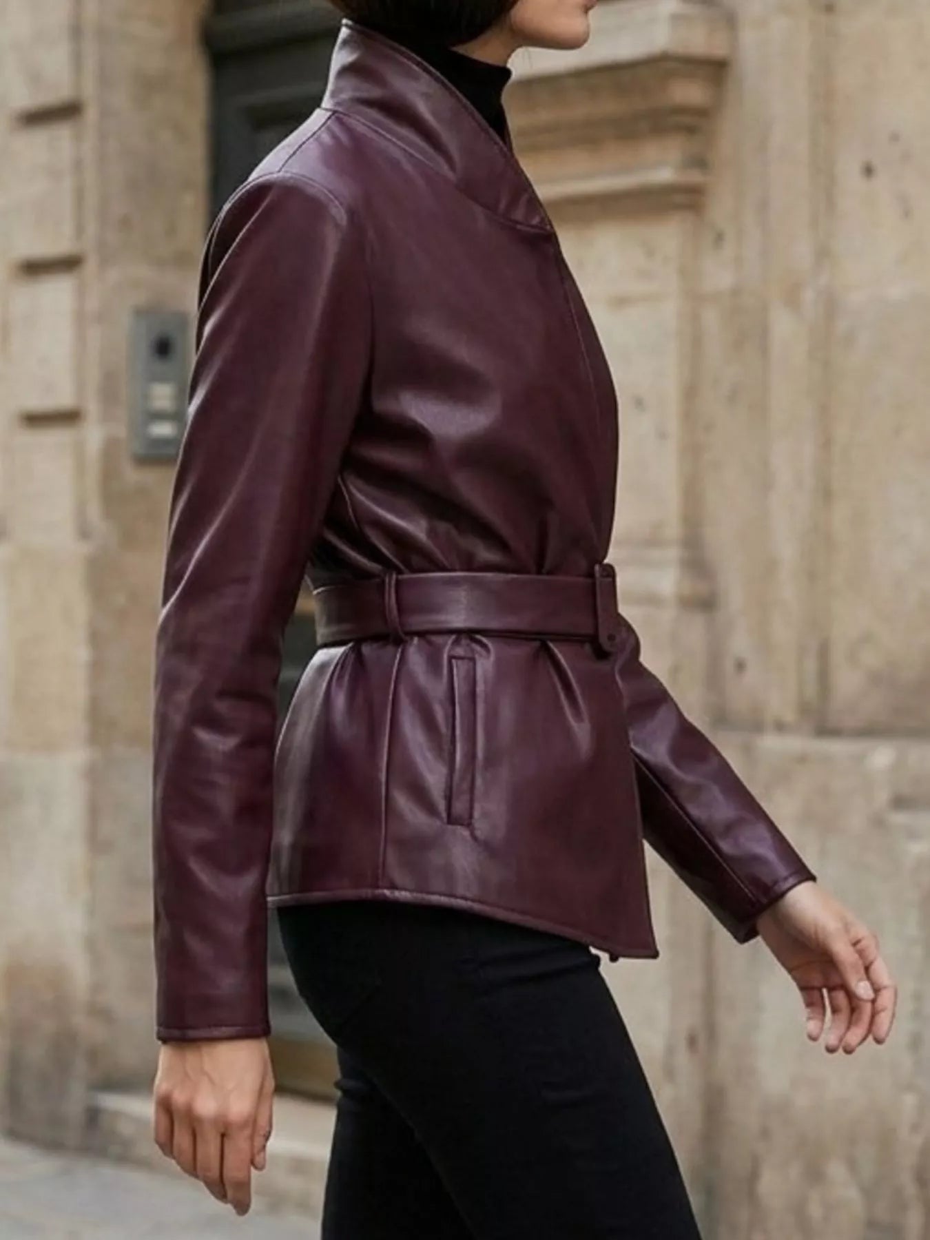 Trendsi Faux Leather Belted Jacket -