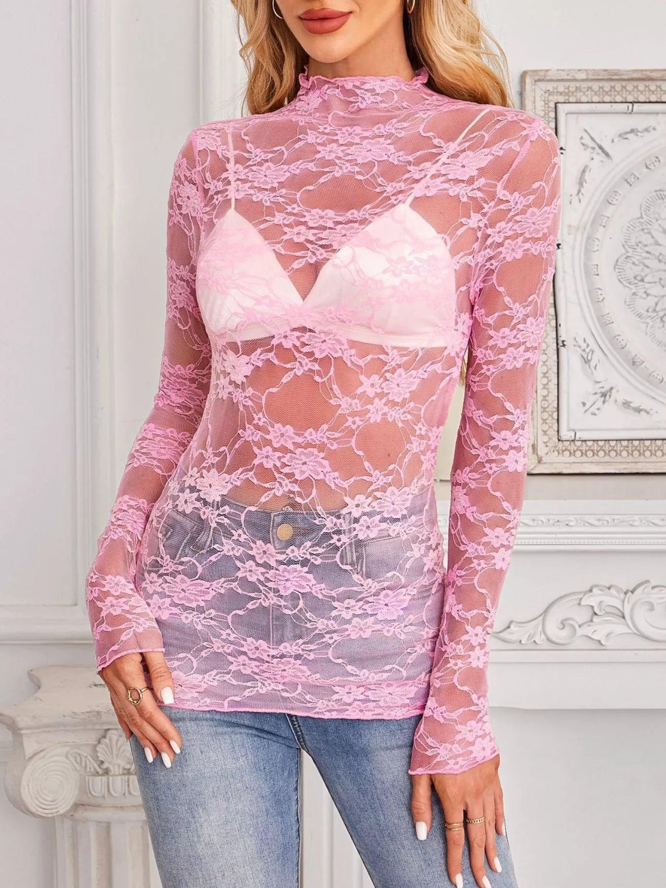 Trendsi Sheer Floral Lace Long Sleeve Top -