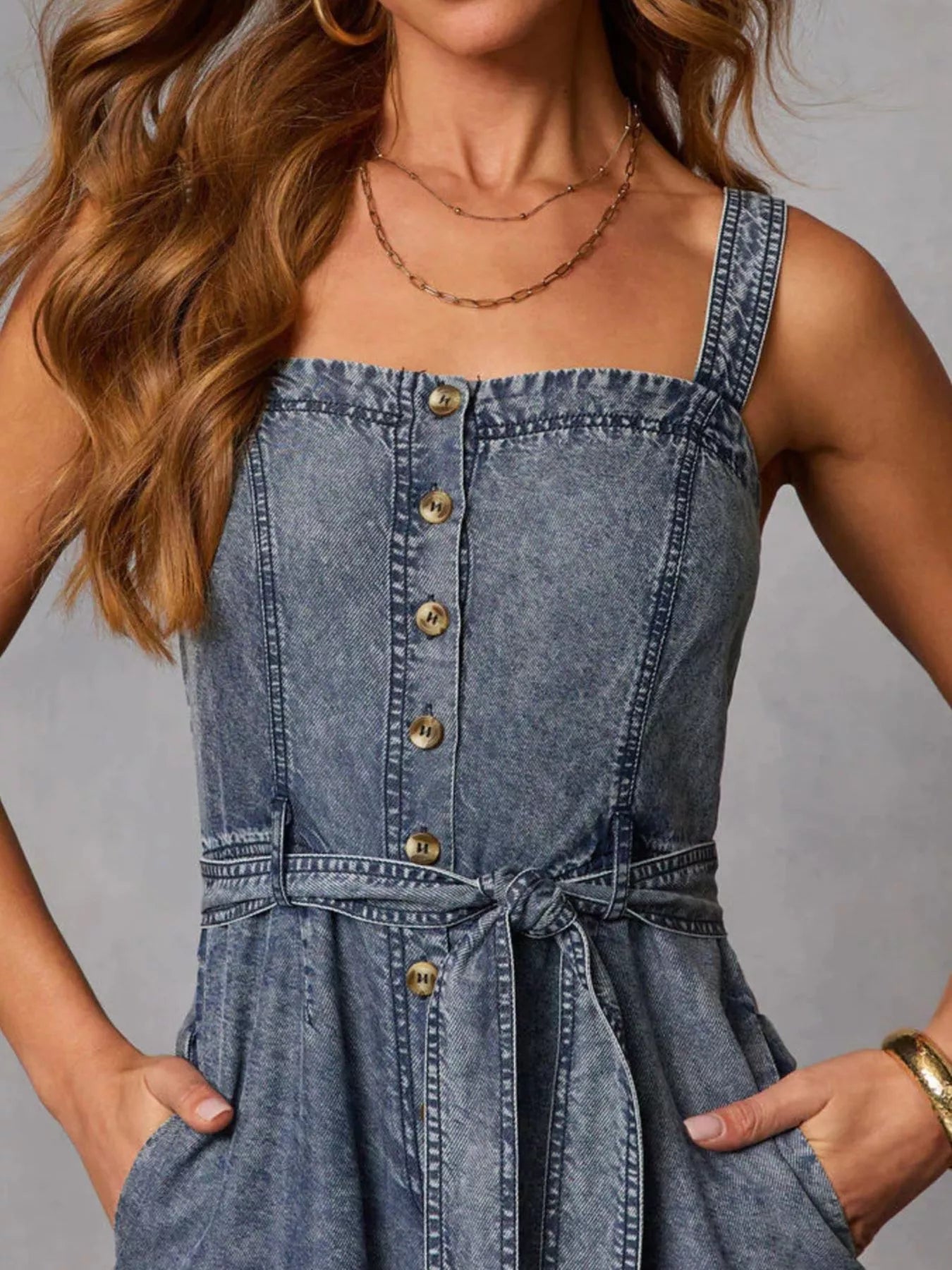 Trendsi Belted Waist Wide Leg Denim Jumpsuit -