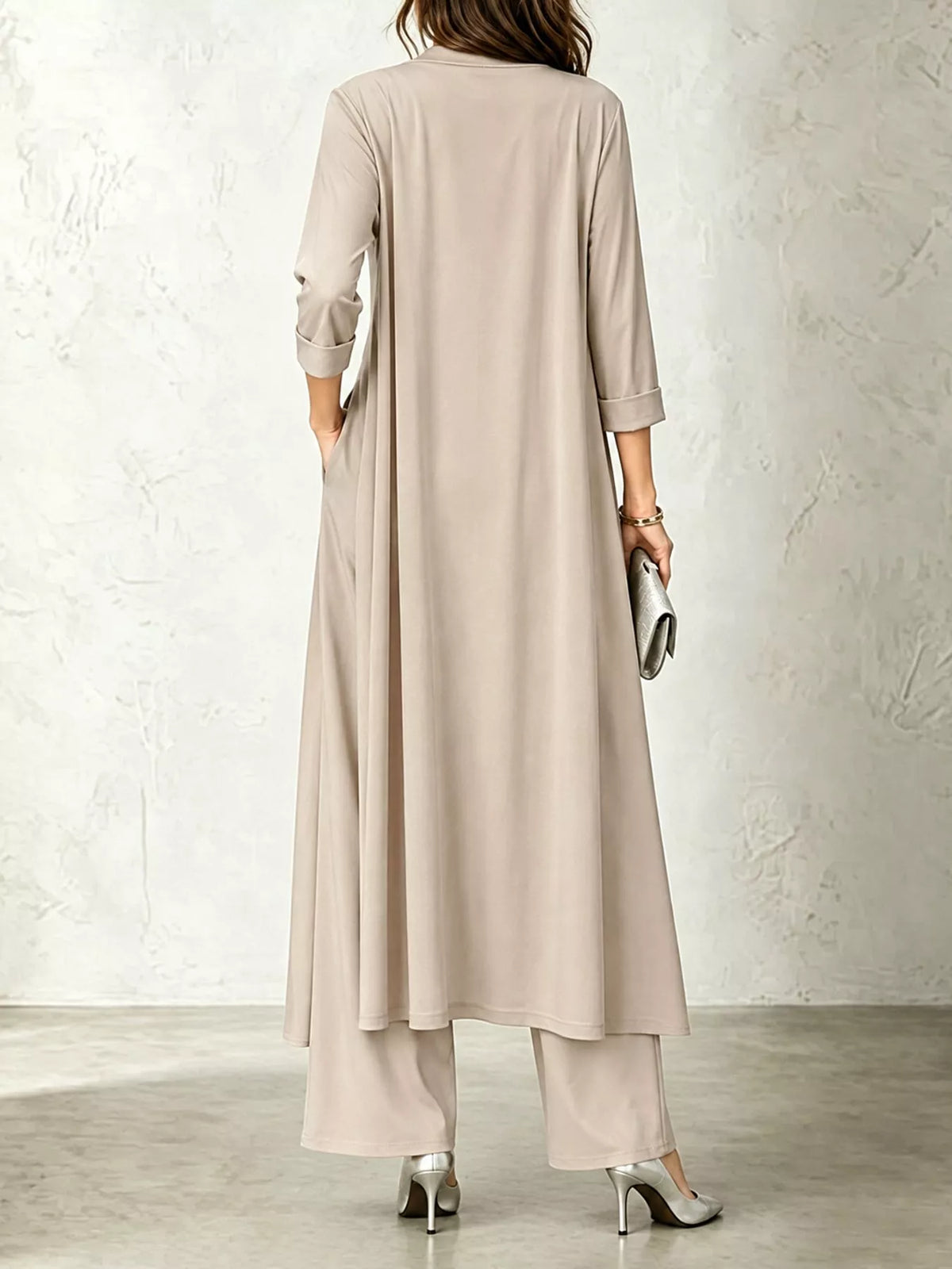 Beige cowl neck top, cardigan and pants set, back view