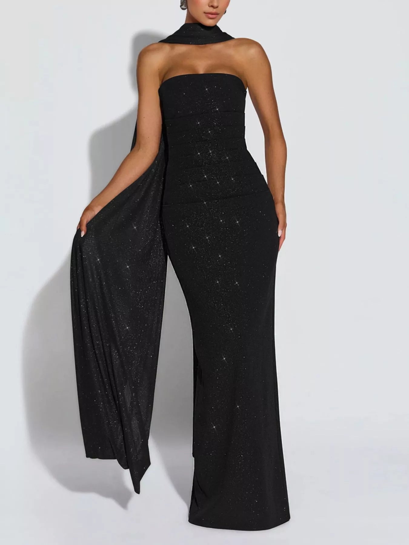 Trendsi Slit Glitter Tube Maxi Dress with Scarf -
