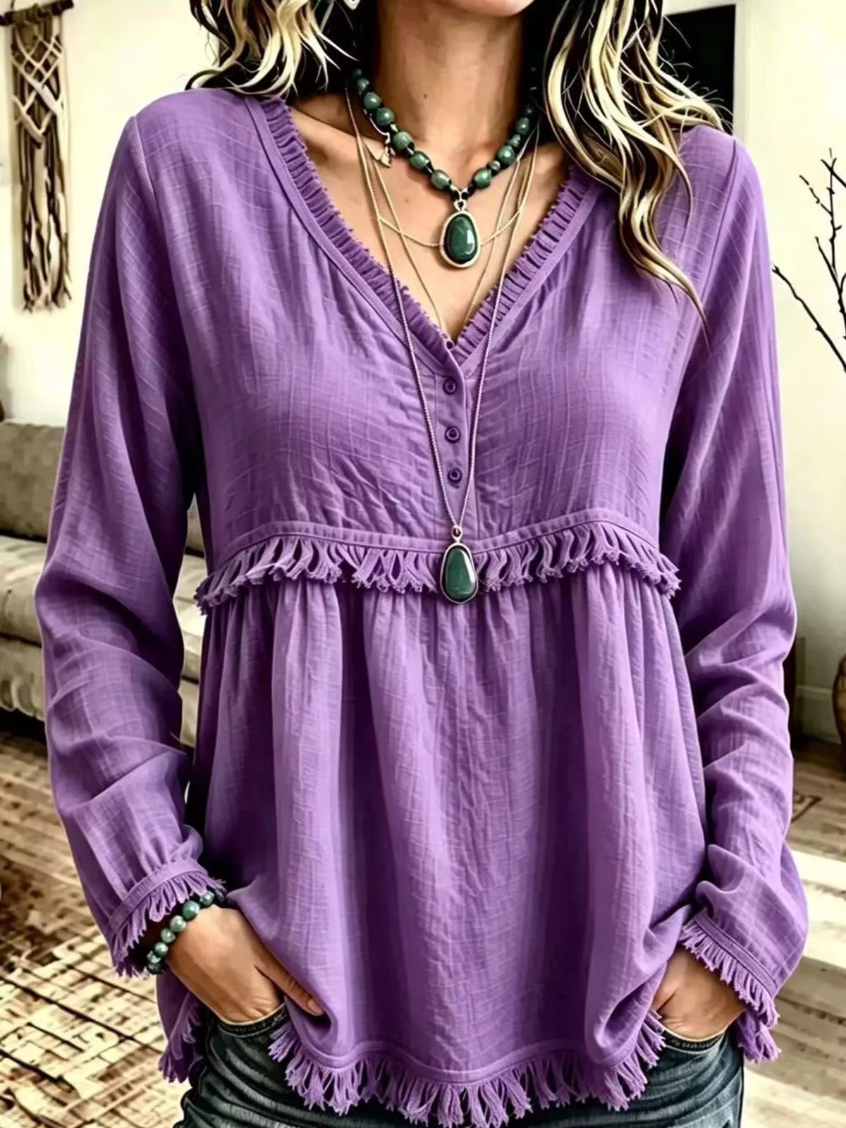 Fringe-trim blouse, purple front button detail