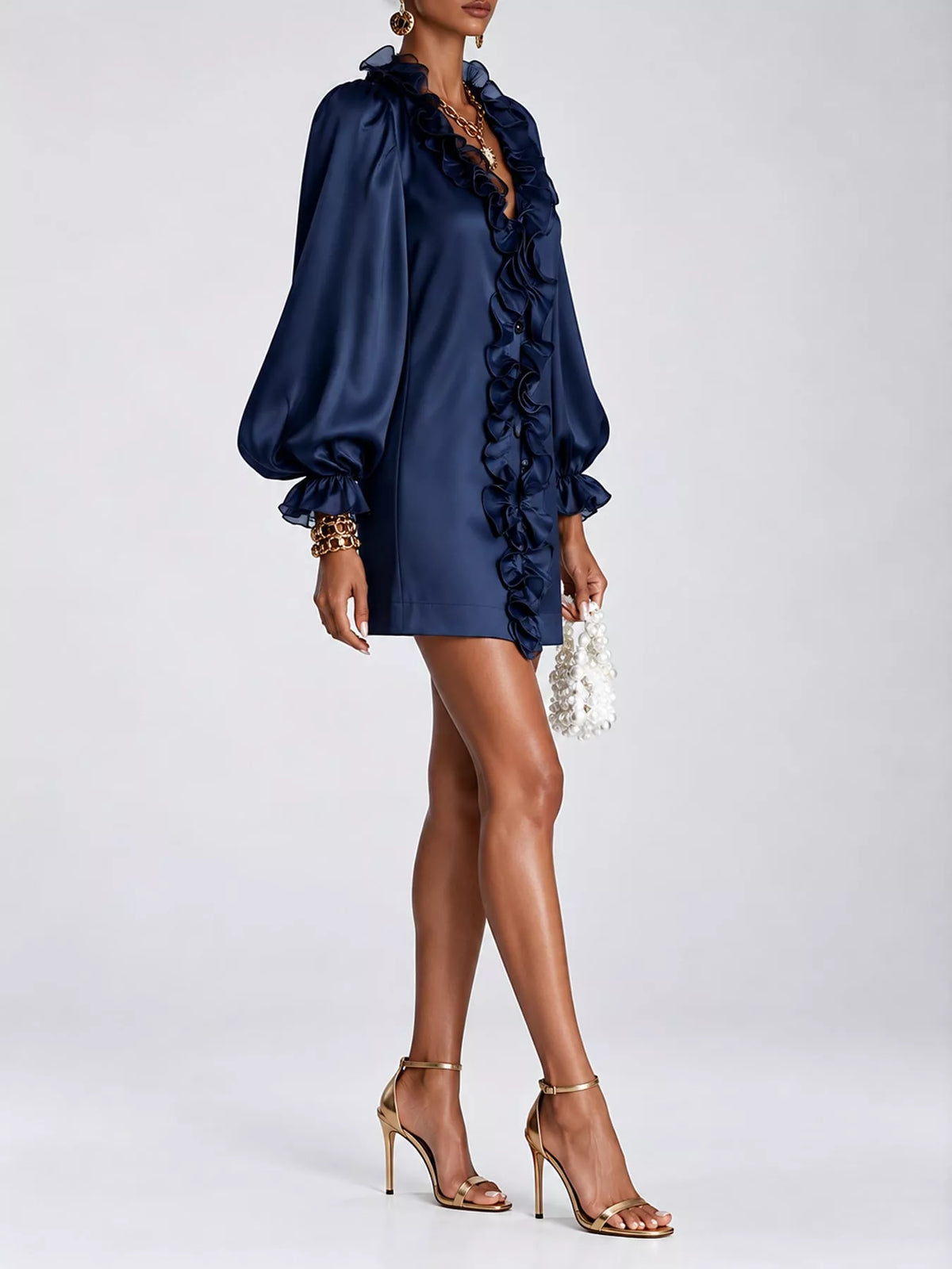 Ruffle Trim Puff Sleeve Mini Dress in navy, side view