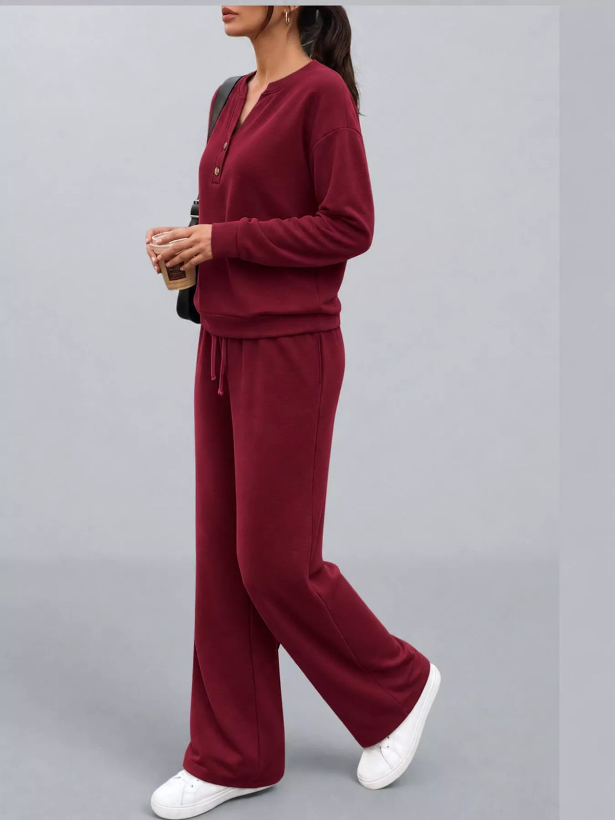 Burgundy button detail top and wide-leg pants set — side view