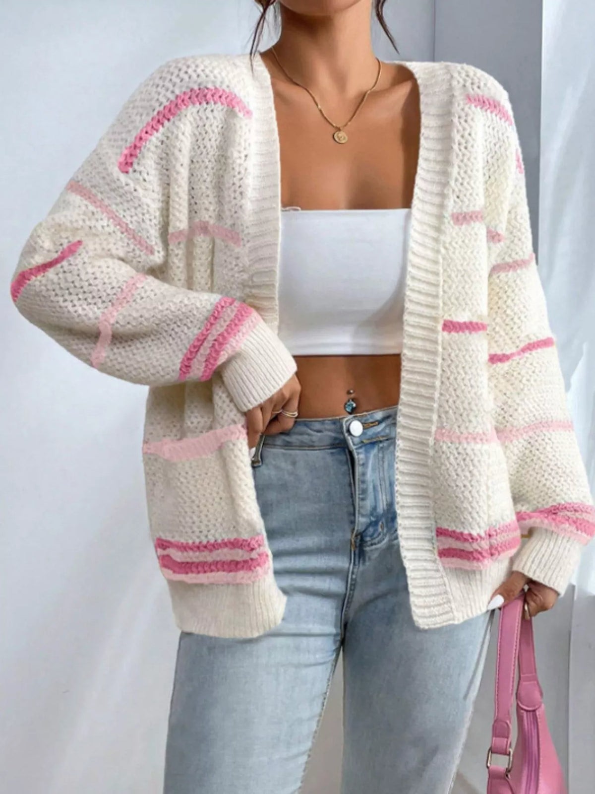 Cream with pink stripes striped open front knit cardigan