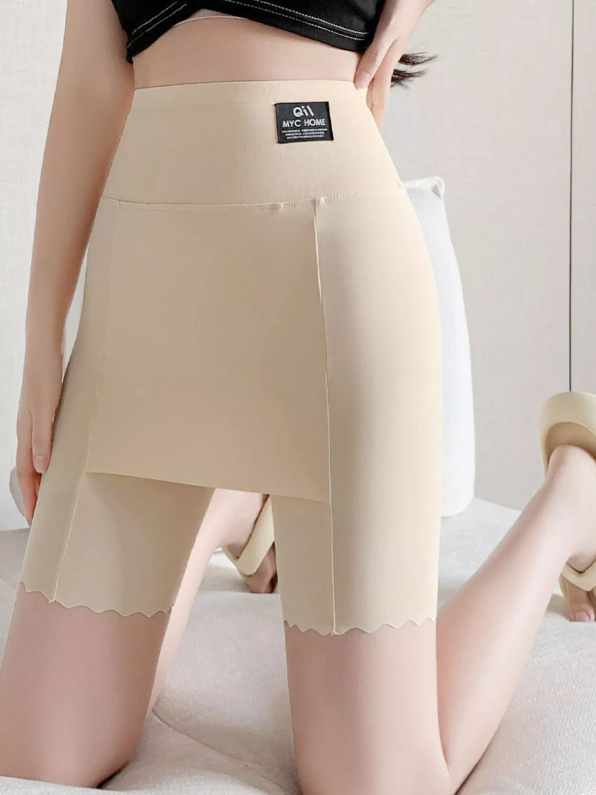 Women's High-Waisted Long-Leg Underwear Shorts in beige — front view