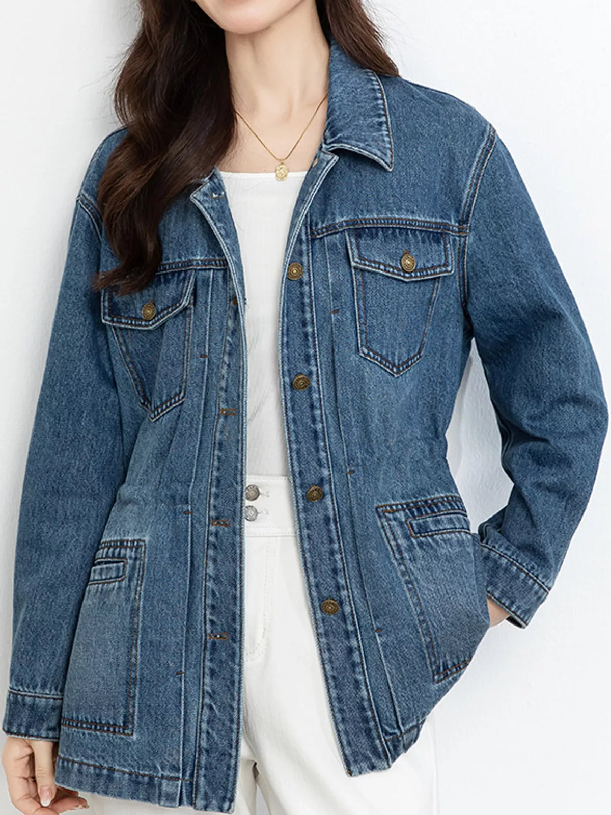 Blue button up long sleeve denim jacket