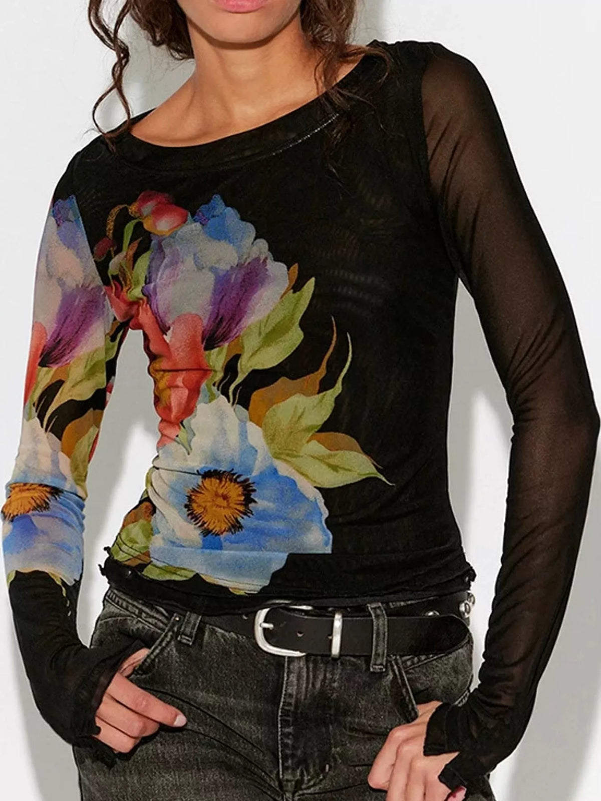 Floral Print Sheer Mesh Long Sleeve T-Shirt in black