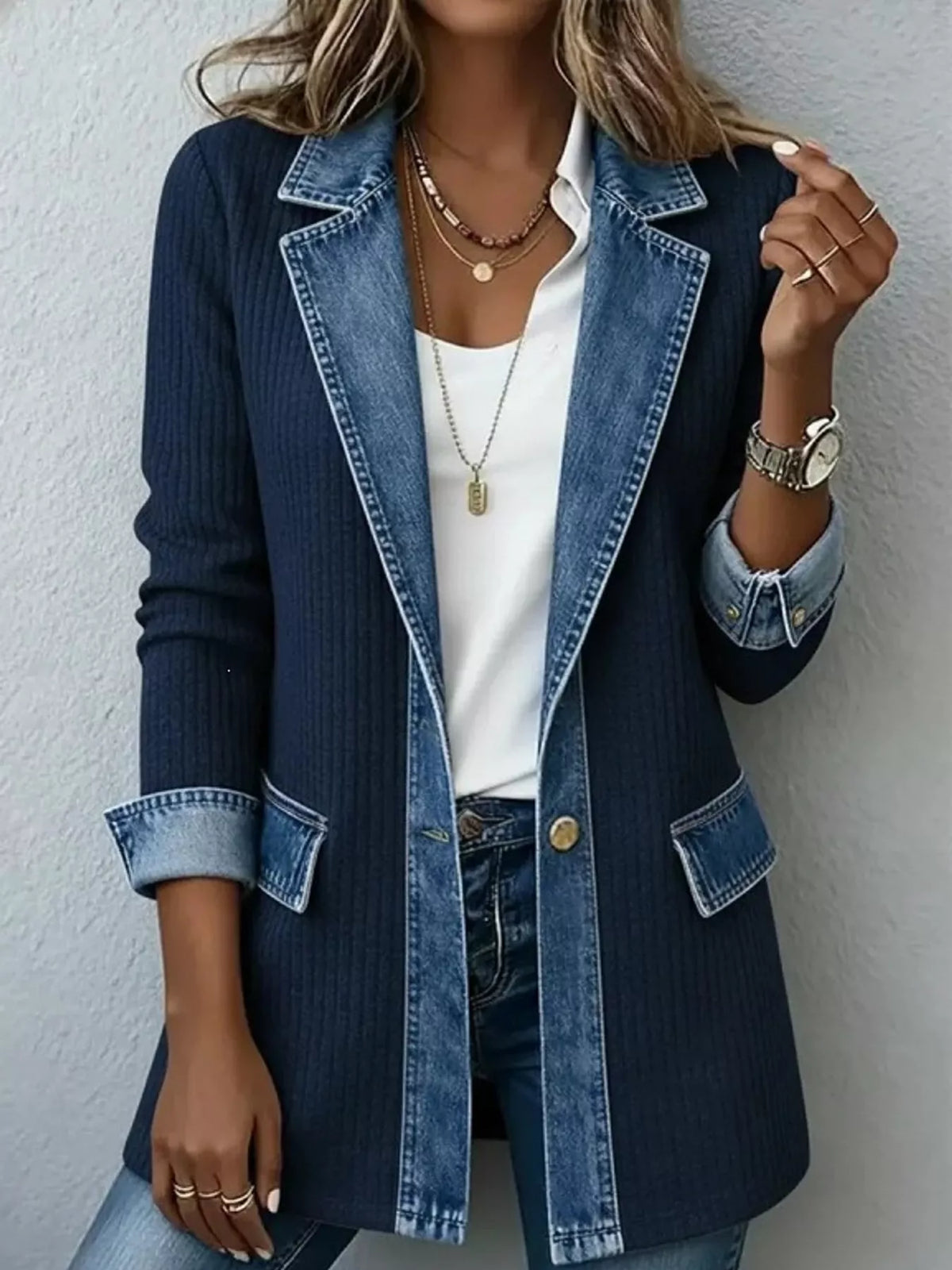 Navy denim trim ribbed knit cardigan