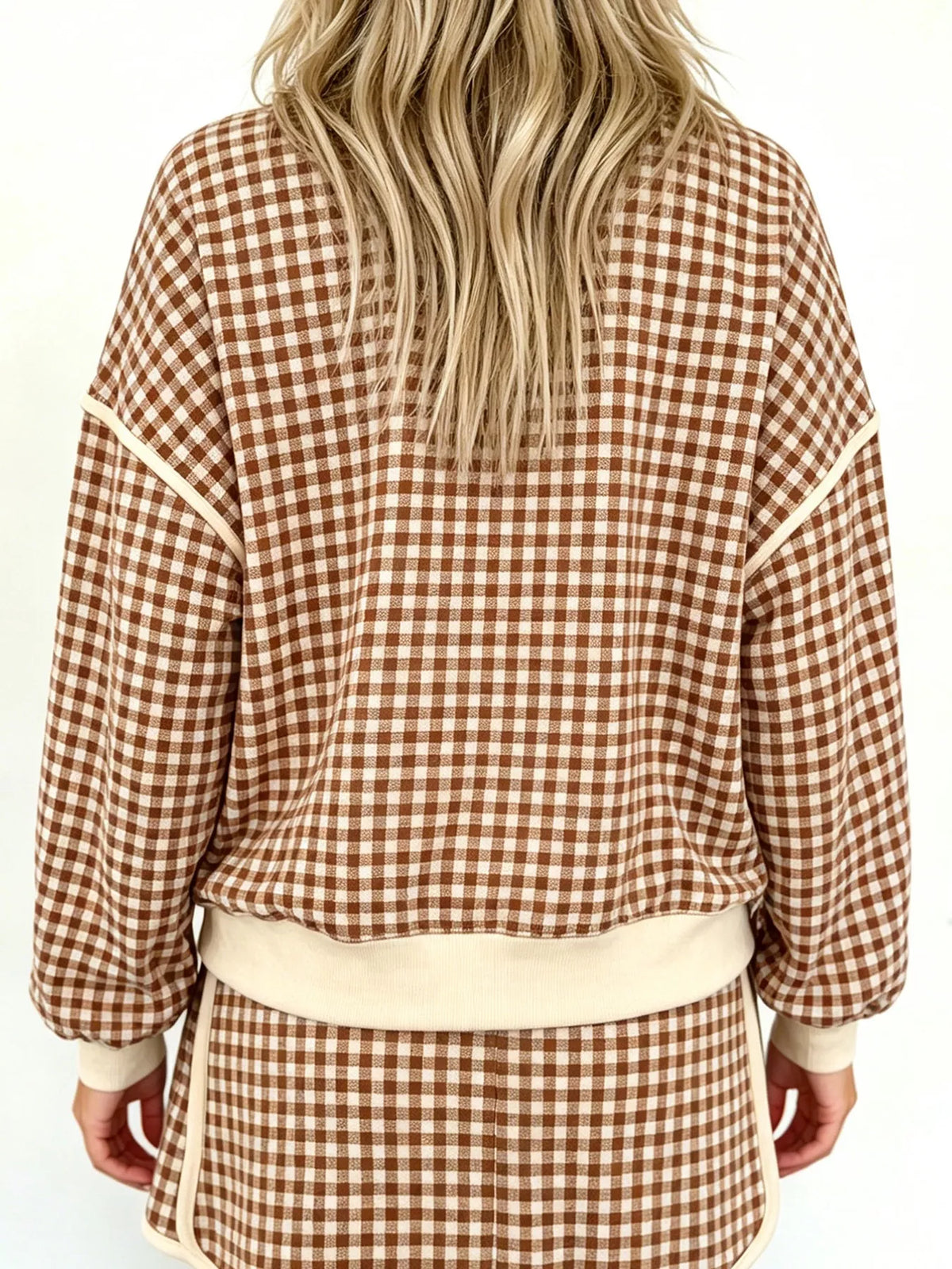 Plaid Long Sleeve Top and Shorts Set in brown, back view