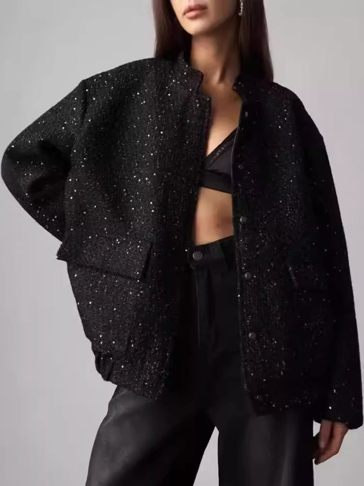 Black tweed bomber jacket with front pockets