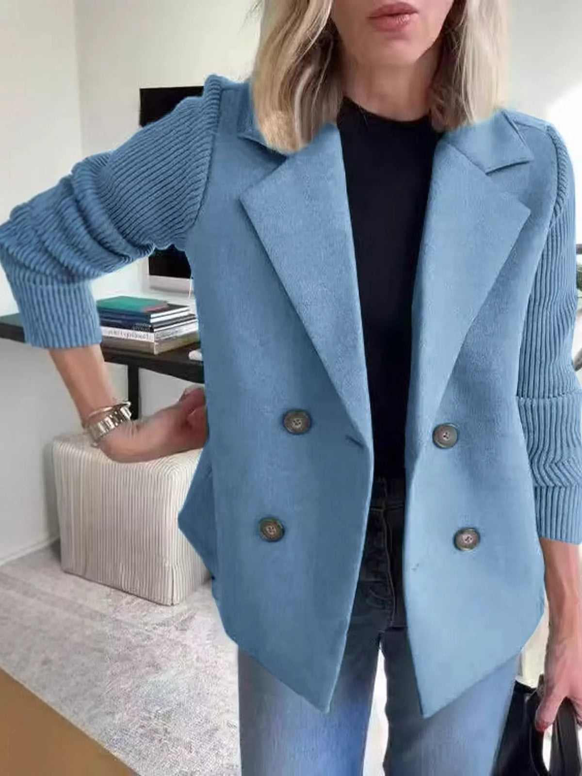 Light Blue double-breasted blazer with ribbed knit sleeves