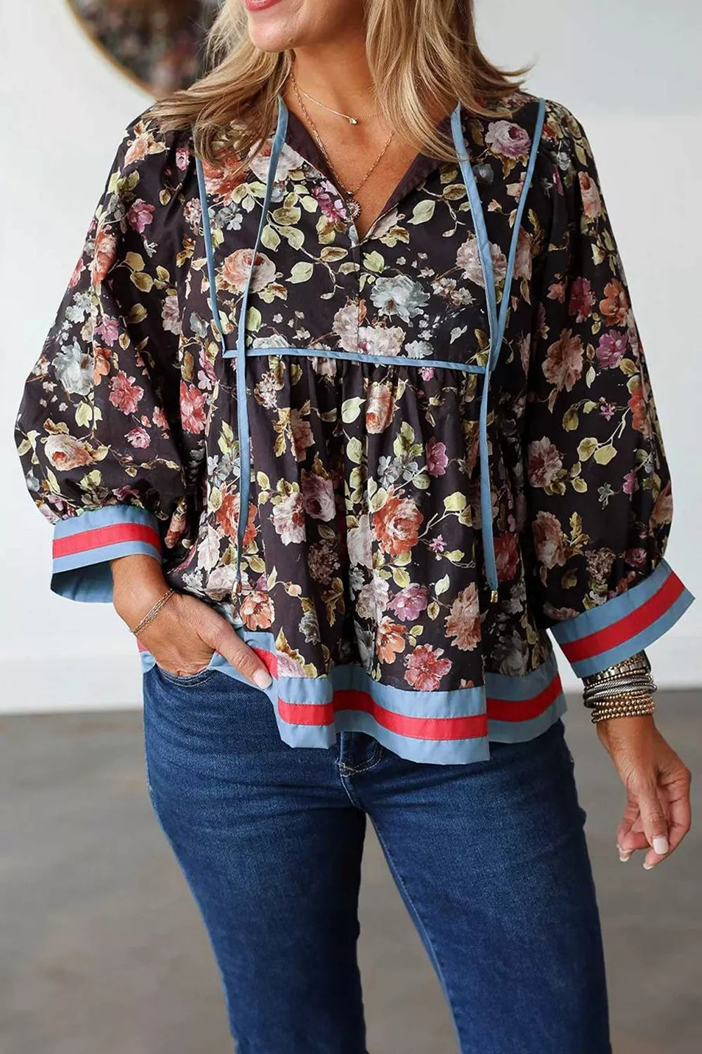Trendsi Floral Print Contrast Trim Tie V Neck Blouse -