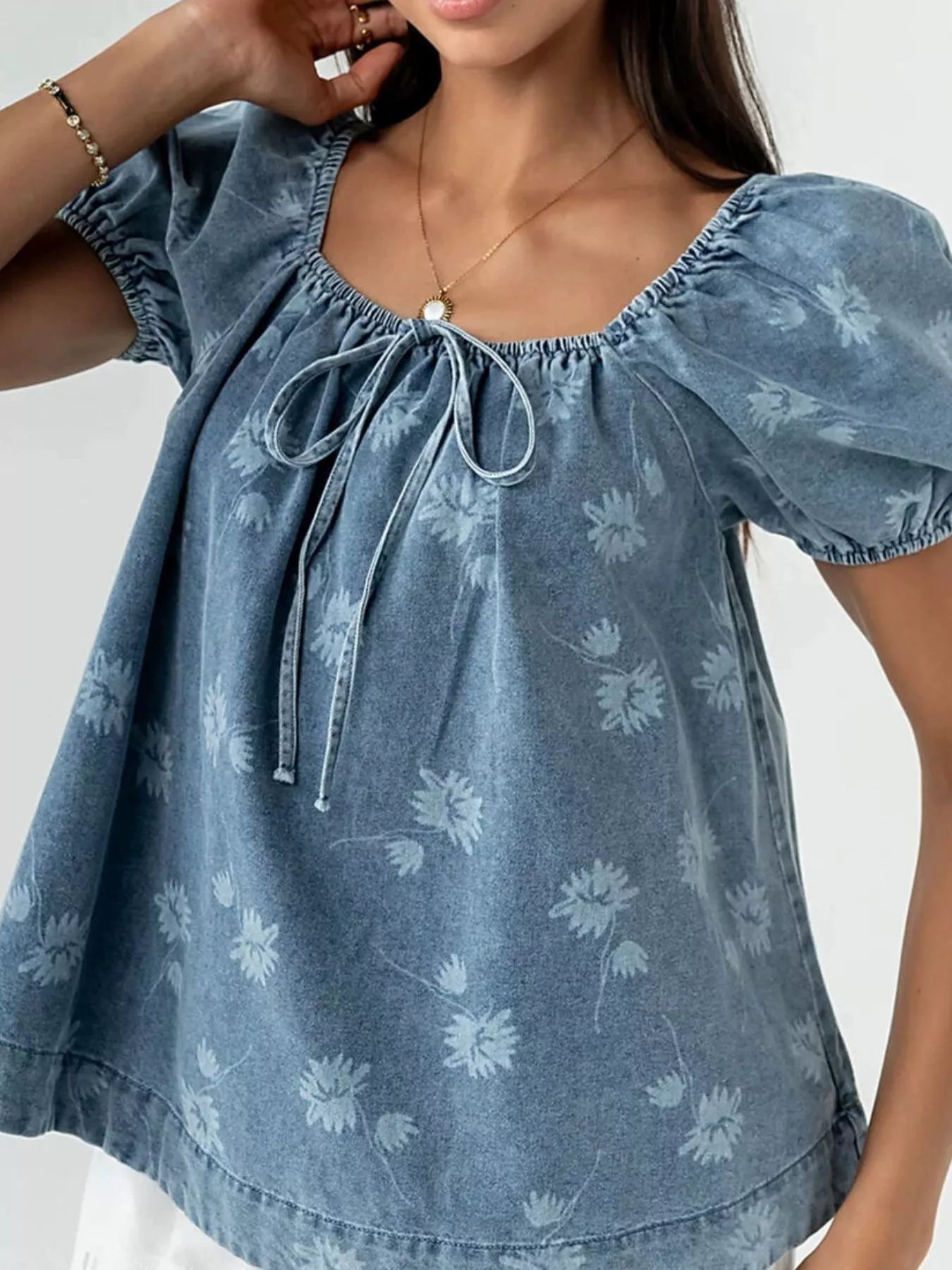 Trendsi Floral Print Puff Sleeve Denim Top -