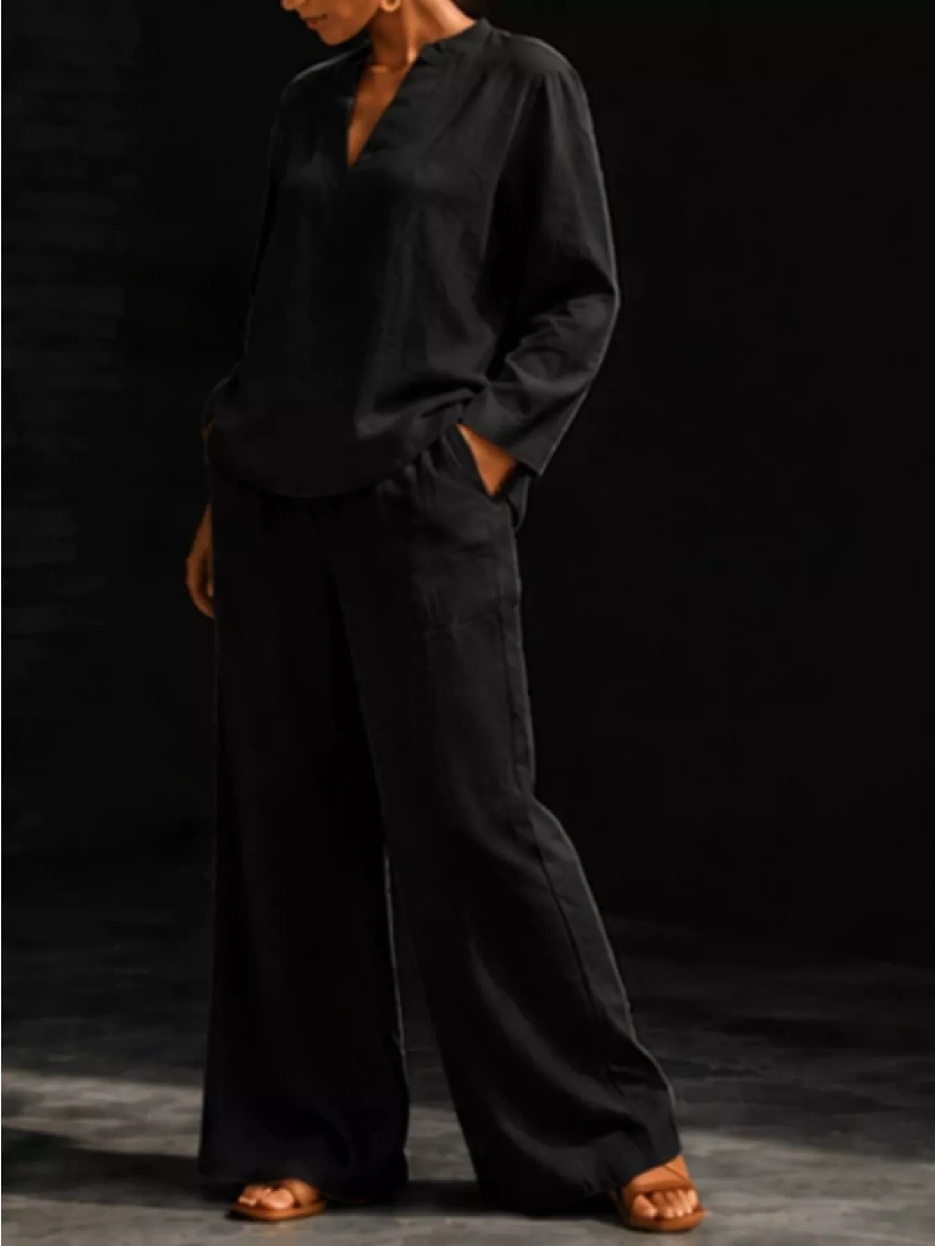 Trendsi Notched Long Sleeve Top and Pants Set -